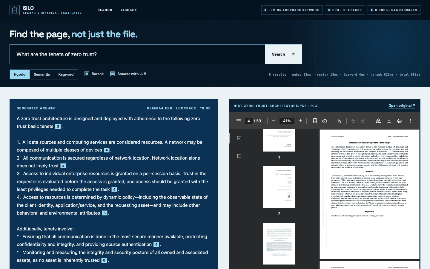 A generated answer listing zero trust tenets, each sentence followed by a numbered citation, beside the source PDF
