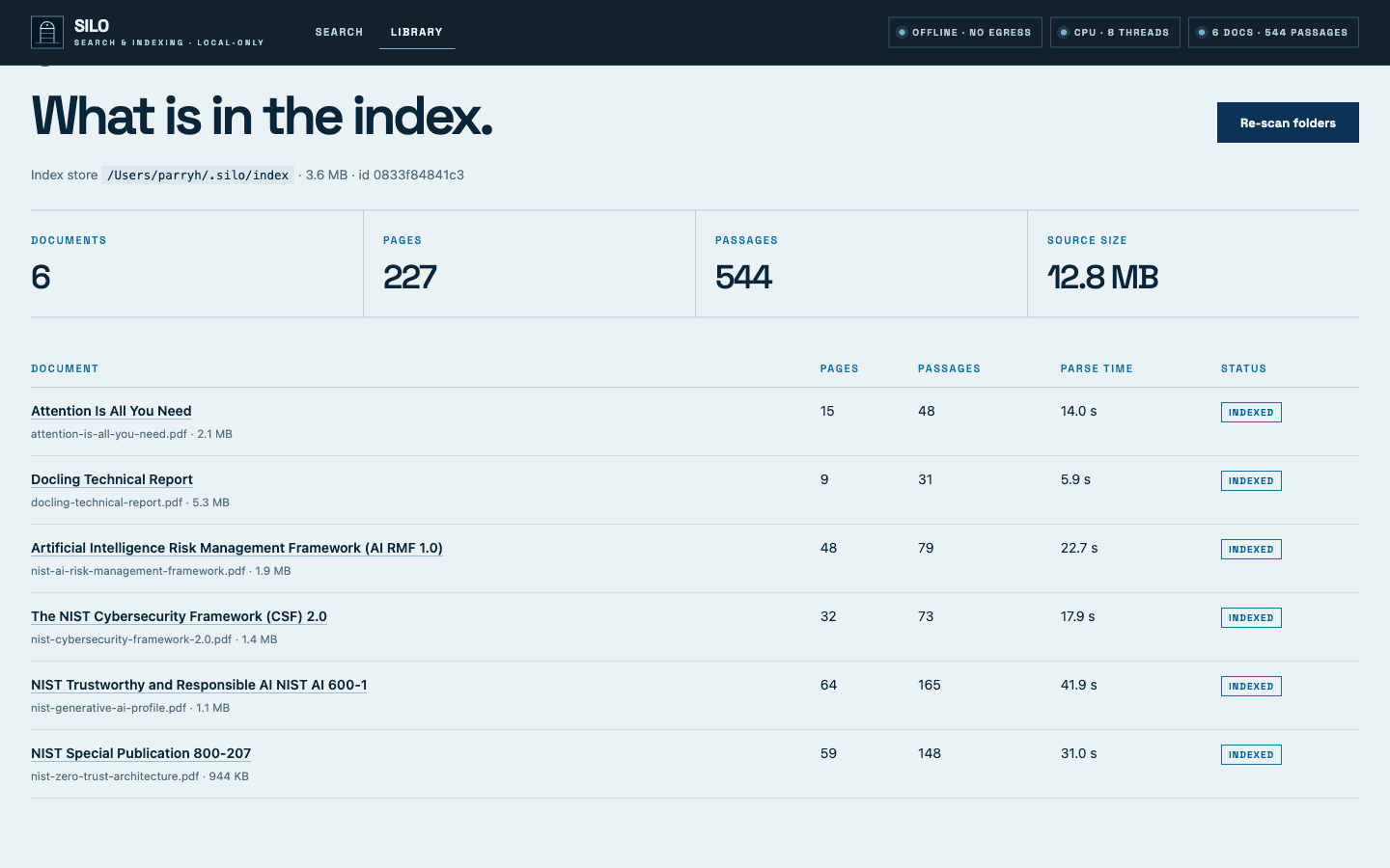 SILO library view listing six indexed documents with page counts, passage counts and parse times