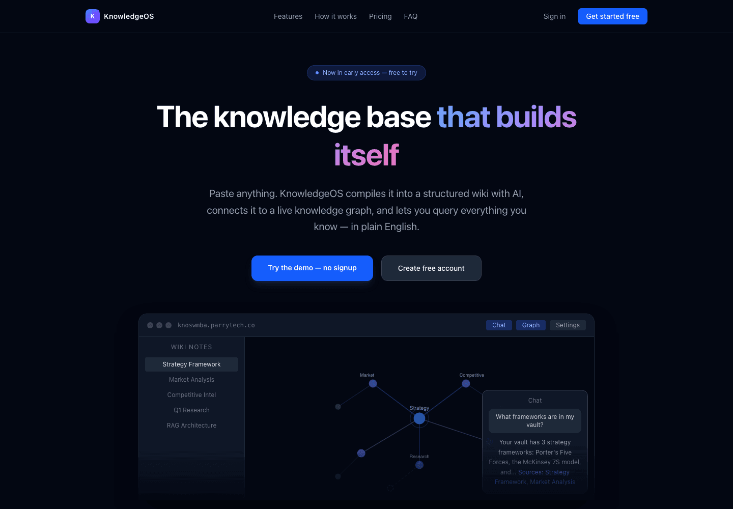 KnowledgeOS homepage showing its connected knowledge graph and chat interface